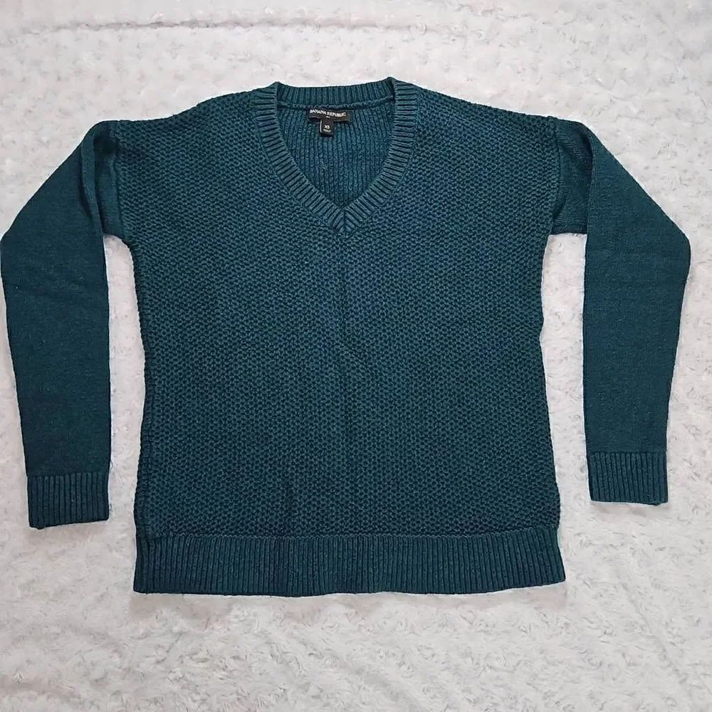 Wool Blend Sweater Banana Republic Pull On V Neck Knitted Long Sleeve Teal Blue